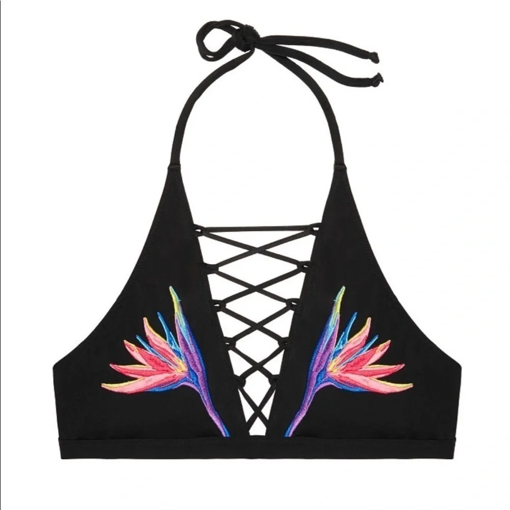 VS Pink Lace Up Embroidered Bikini Swim‎ Top XS New